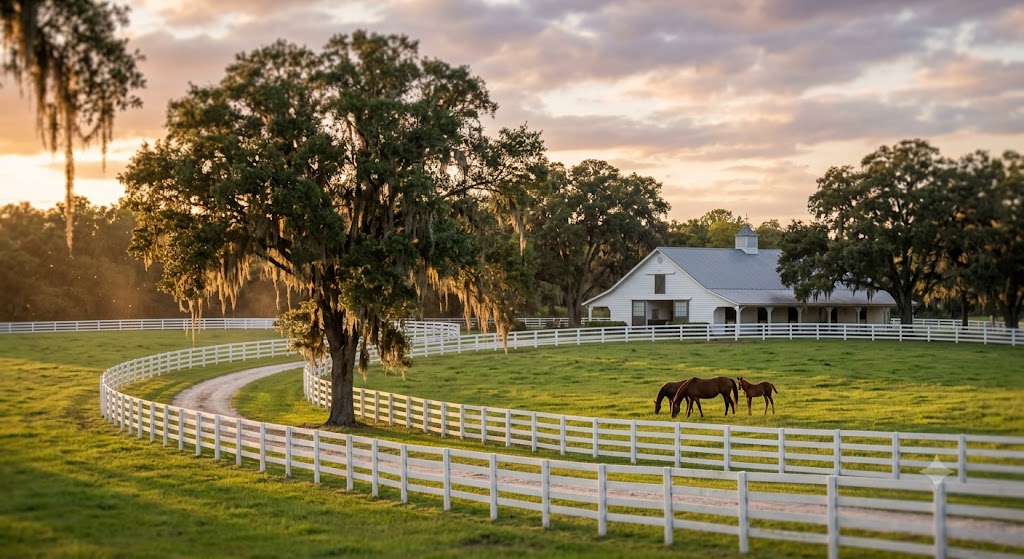 A horse farm at sunset in Ocala, Florida — a mare and foal grazing beside a white-fenced paddock
